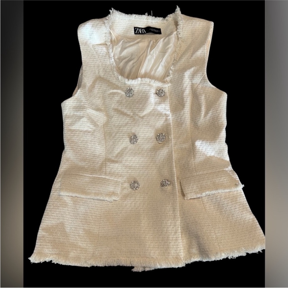 Zara Cream Tweed Double-Breasted Sleeveless Vest